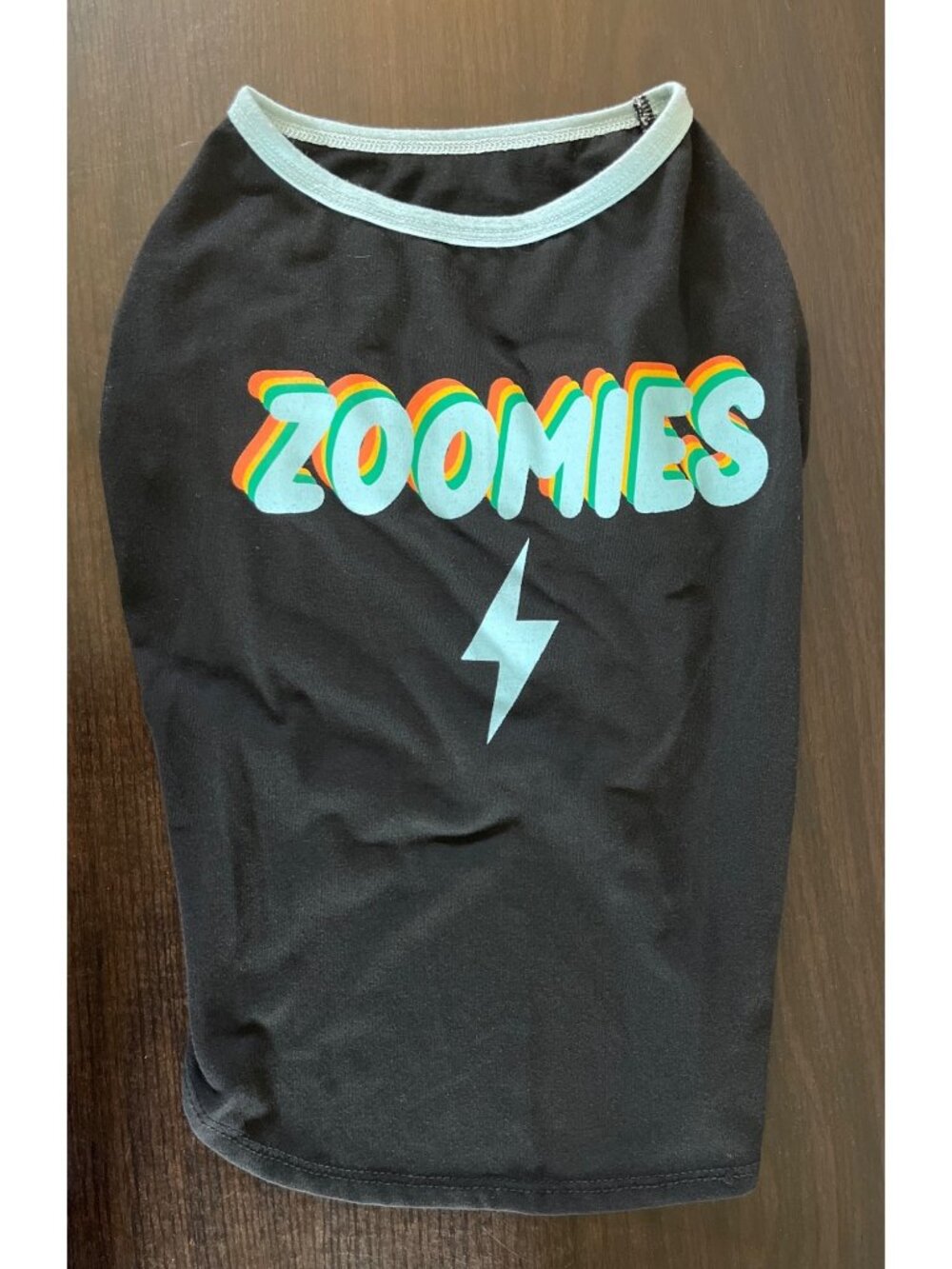 Oodles Dog Size Large Black T-Shirt "Zoomies" Graphic Blue Lightning Bolt